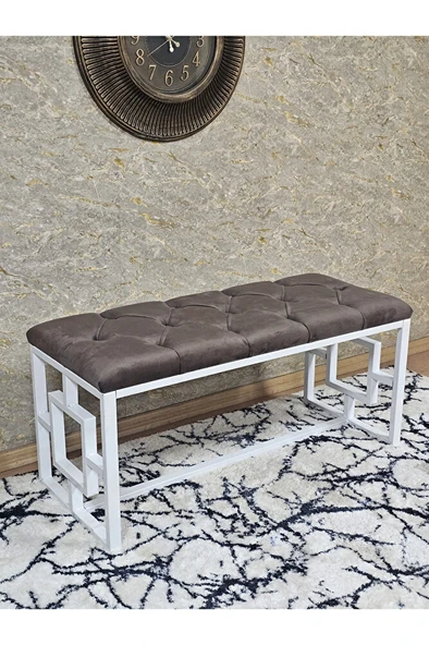 Beyaz Boyalı İçi Kareli Diktörtgen 100 cm x 40 cm Oturak Puf - Bench - Makyaj Oturağı - Oturak Kahverengi Renk 100 x 40 Boyut/Ebat ürün görseli 1