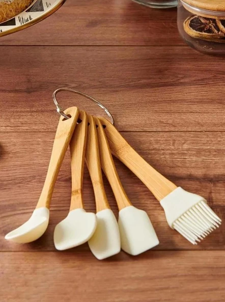 BAMBU SAPLI SLİKON UÇLU 5 PARÇA MİNİ SPATULA KAŞIK FIRÇA SETİ - Resim 3