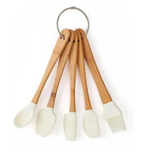 BAMBU SAPLI SLİKON UÇLU 5 PARÇA MİNİ SPATULA KAŞIK FIRÇA SETİ - Resim 2