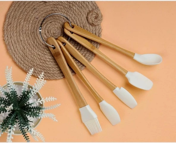 BAMBU SAPLI SLİKON UÇLU 5 PARÇA MİNİ SPATULA KAŞIK FIRÇA SETİ ürün görseli 1