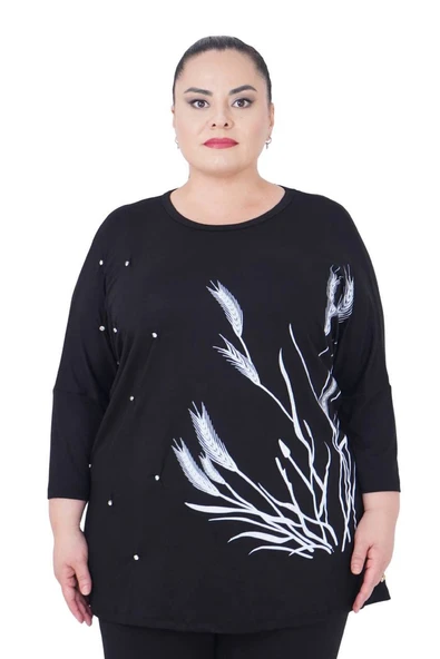 Kadın Büyük Beden Siyah İnci Detaylı Oversize Bluz ürün görseli 1