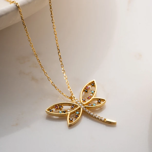 Vaoov 925 Ayar Gümüş Renkli Taşlı Gold Yusufçuk Kolye ürün görseli 1