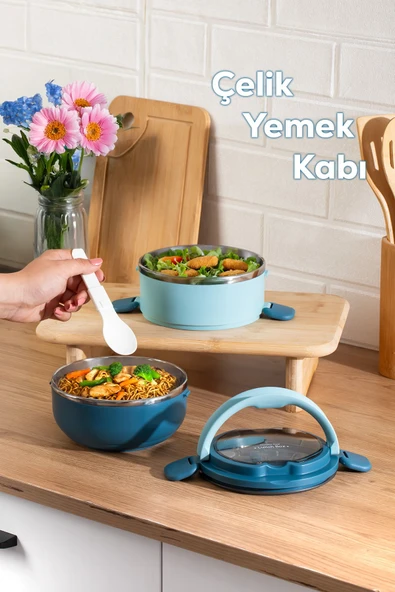 Porsima 66732 Stainless Steel Vakumlu Lunch Box İki Katlı Paslanmaz Çelik Kolay Kilitlenir Kendinden Kaşıklı Sefer Tası 1000ml Mavi ürün görseli 1