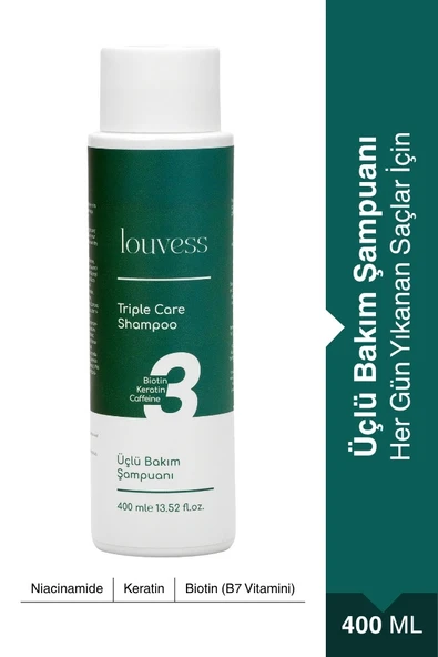 Louvess Üçlü Bakım Şampuanı ( Biotin, Keratin ve Kafein İle Güçlendirilmiş Saç Bakım Şampuanı 400 ML ) ürün görseli 1