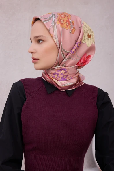Çiçek Desen İpek Twill Eşarp 4219D01 - Resim 3