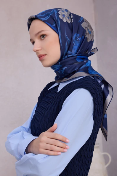 Çiçek Desen İpek Twill Eşarp 4219D01 - Resim 7