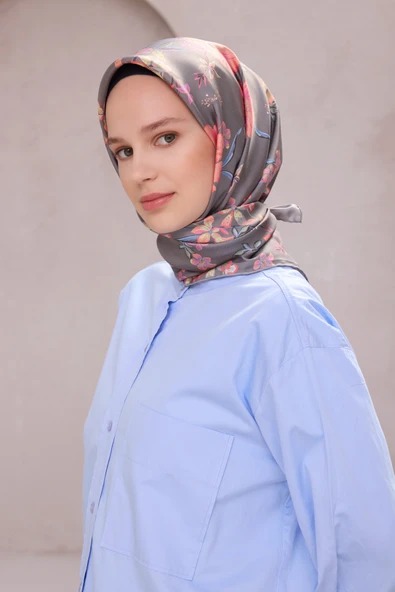 Çiçek Desen İpek Twill Eşarp 4210D01 - Resim 5