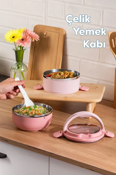 Porsima 66732-1 Stainless Steel Vakumlu Lunch Box İki Katlı Paslanmaz Çelik Kolay Kilitlenir Kendinden Kaşıklı Sefer Tası 1000ml Pembe ürün görseli 1