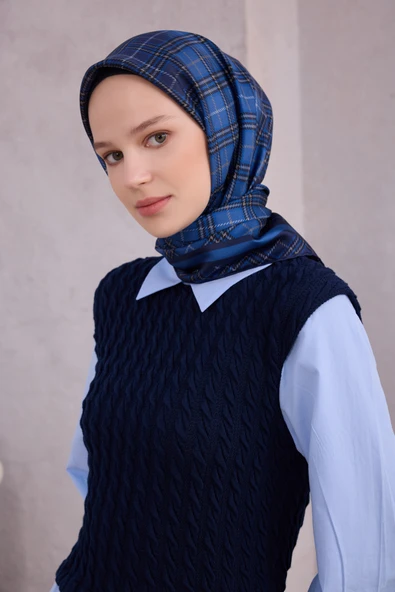 Ekose Desen İpek Twill Eşarp 4218D01 - Resim 10