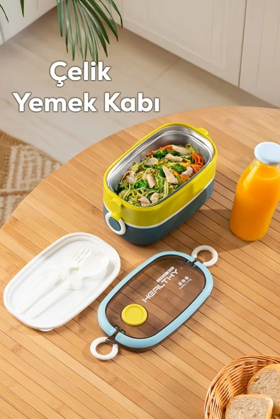 Porsima 66729 Stainless Steel Vakumlu Lunch Box İki Katlı Paslanmaz Çelik Kolay Kilitlenir Kendinden Kaşıklı Sefer Tası 1300ml Mavi-Sarı ürün görseli 1