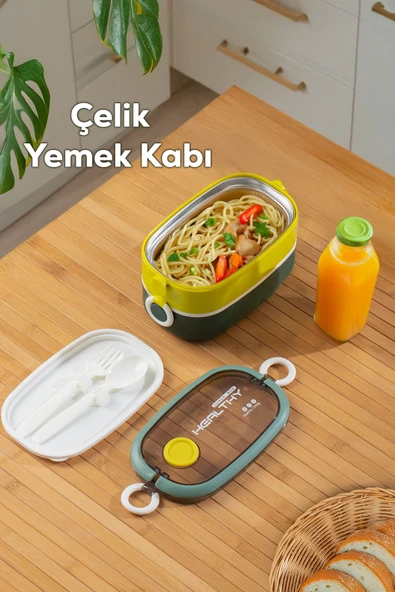 Porsima 66729-2 Stainless Steel Vakumlu Lunch Box İki Katlı Paslanmaz Çelik Kolay Kilitlenir Kendinden Kaşıklı Sefer Tası 1300ml Yeşil-Sarı ürün görseli 1