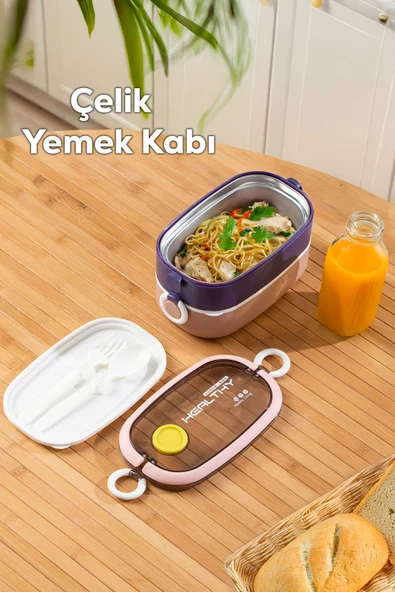 Porsima 66729-1 Stainless Steel Vakumlu Lunch Box İki Katlı Paslanmaz Çelik Kolay Kilitlenir Kendinden Kaşıklı Sefer Tası 1300ml Pembe-Lila ürün görseli 1