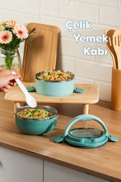 Porsima 66732-2 Stainless Steel Vakumlu Lunch Box İki Katlı Paslanmaz Çelik Kolay Kilitlenir Kendinden Kaşıklı Sefer Tası 1000ml Yeşil ürün görseli 1