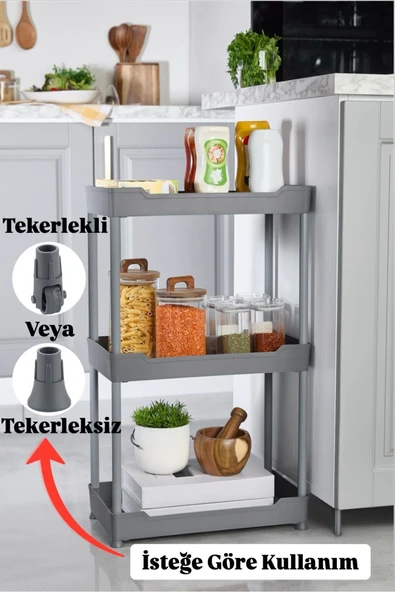 Bayev Clasy Gri 3 Katlı Lavabo Altı Düzenleyici Tekerlekli Mutfak Banyo Düzenleyici Raf Ünitesi ürün görseli 1
