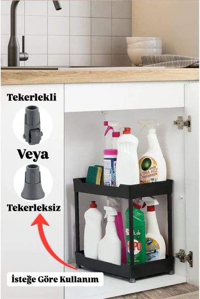 Bayev Class Siyah 2 Katlı Lavabo Altı Düzenleyici Tekerlekli Deterjan Banyo Düzenleyici Raf Ünitesi ürün görseli 1