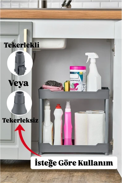 Bayev Clasy Gri 2 Katlı Lavabo Altı Düzenleyici Tekerlekli Mutfak Banyo Düzzenleyici Raf Ünitesi ürün görseli 1