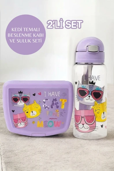 Bayev Kedi 2'Li Okul Beslenme Seti Lunch Box - Mor Beslenme Kabı ve Suluk Set ürün görseli 1