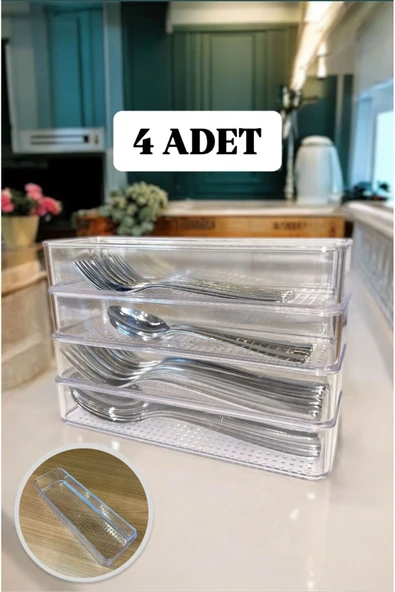 Bayev Leo 4 Adet Şeffaf Çeyizlik Çatal Kaşık Düzenleyici Üst Üste Koyulabilir Çekmece İçi Organizer ürün görseli 1