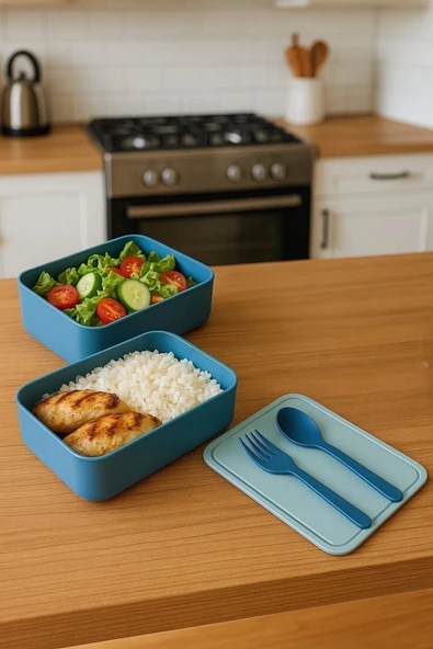 Bayev Layers Mavi 2 Katlı Çatal Kaşıklı Saklama Kabı Lunch Box - Beslenme Bölmeli Yemek Kutusu ürün görseli 1