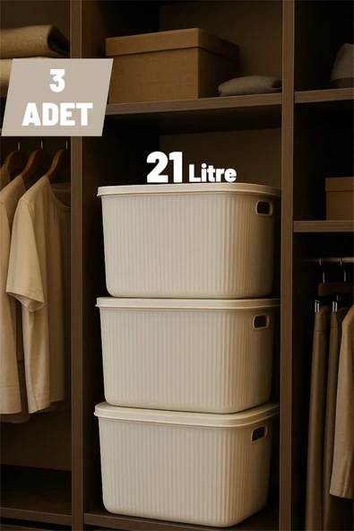 Bayev 3 Adet 21 Lt Colors Krem Dolap İçi Düzenleyici Organizer Oyuncak Kutusu Kapaklı Saklama Kutusu ürün görseli 1