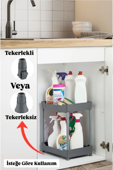 Bayev Class Gri 2 Katlı Lavabo Altı Düzenleyici Tekerlekli Deterjan Banyo Düzenleyici Raf Ünitesi ürün görseli 1