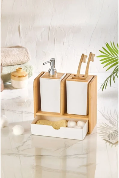 Bayev Sobra Bambu Standlı Banyo Sabunluk Ve Diş Fırçalık Seti - Çekmeceli Banyo Set ürün görseli 1