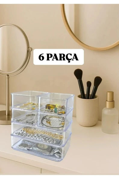 Bayev Leo 6'lı 3 Boy Set Şeffaf Çekmece Içi Organizer - Kozmetik Takı Makyaj Organizeri Üst Üste Dizilir ürün görseli 1