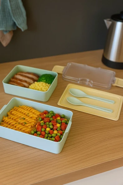 Bayev Layers Yeşil 2 Katlı Çatal Kaşıklı Saklama Kabı Lunch Box - Beslenme Bölmeli Yemek Kutusu ürün görseli 1
