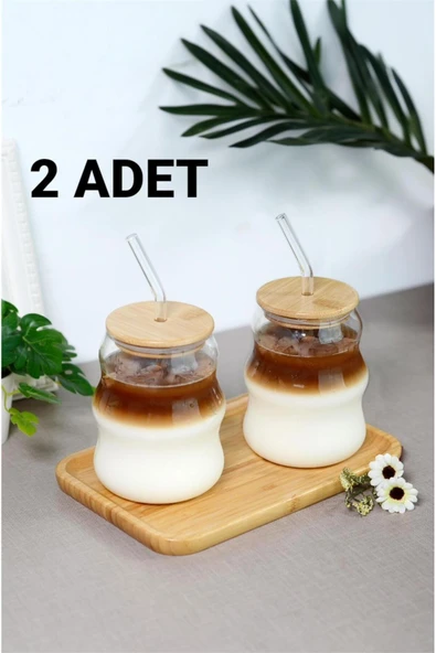 Bayev 2 Adet 450 Ml Bambu Kapaklı Cam Pipetli Pinterest Bardak - Borosilikat Kahve Sunum Bardağı 401305 ürün görseli 1