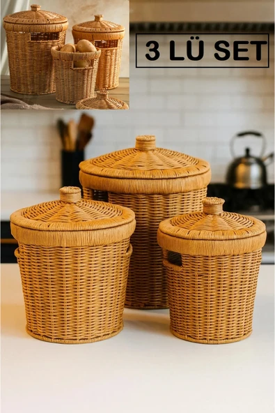 Bayev 3 Lü Wicker Set 3 Boy Hasır Kapaklı Patates Soğan Mutfak Sunum Sebzelik Örgü Sepeti Dekor Şemsiyelik ürün görseli 1