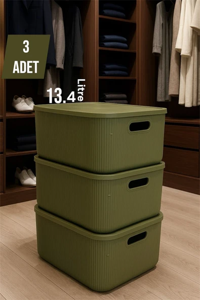 Bayev Colors Yeşil 3 Adet 13 Lt Dolap İçi Düzenleyici Organizer Hobi Oyuncak Kutusu Kapaklı Saklama Kutusu ürün görseli 1