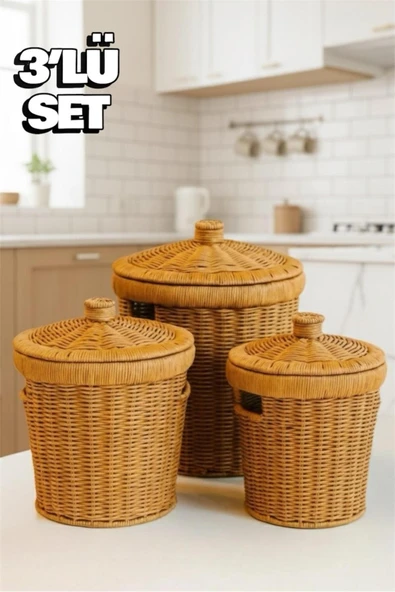 Bayev Wicker 3'lü Patates Soğan Sarımsak Sepeti Seti - Rattan Dekoratif ve Düzenleyici Kapaklı Sebzelik ürün görseli 1