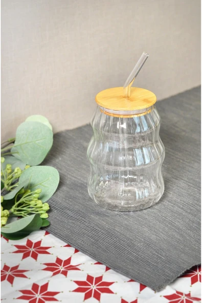 Bayev 450 Ml Burgu Bambu Kapaklı Cam Pipetli Pinterest Bardak - Borosilikat Kahve Sunum Bardağı 401304 ürün görseli 1
