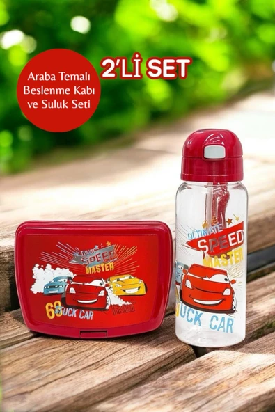 Bayev Araba 2'Li Okul Beslenme Seti Lunch Box - Kırmızı Beslenme Kabı ve Suluk Set ürün görseli 1