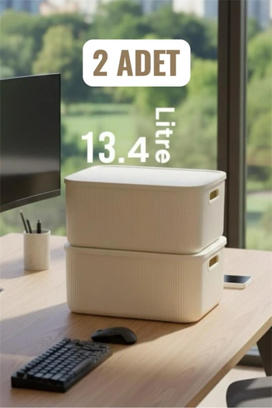 Bayev 2 Adet Colors Krem 13 Lt Ofis Dolap İçi Düzenleyici Organizer Hobi Oyuncak Kapaklı Saklama Kutusu ürün görseli 1