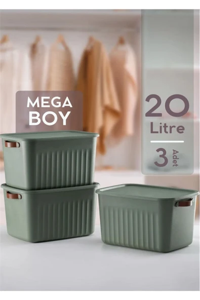 Bayev 3'lü Yeşil 20 Lt Boxsis Set Mega Boy Çok Amaçlı Kapaklı Kutu Dolap Düzenleyici Organizer-Hobi Kutusu ürün görseli 1
