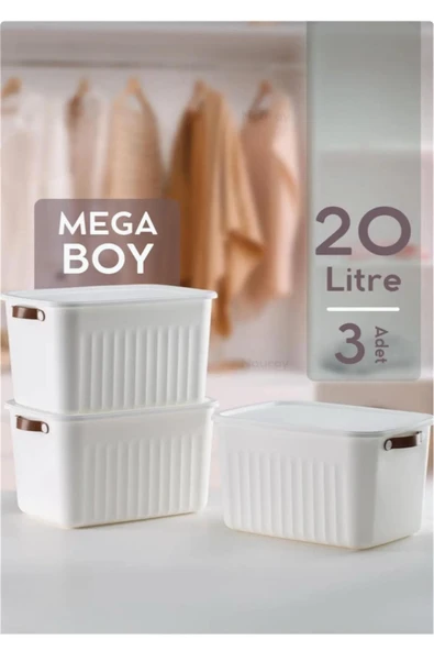 Bayev 3'lü Beyaz 20 Lt Boxsis Set Mega Boy Çok Amaçlı Kapaklı Kutu Dolap Düzenleyici Organizer-Hobi Kutusu ürün görseli 1