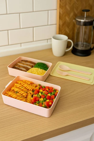 Bayev Layers Pembe 2 Katlı Çatal Kaşıklı Saklama Kabı Lunch Box - Beslenme Bölmeli Yemek Kutusu ürün görseli 1