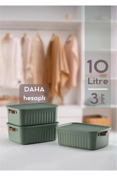 Bayev 3'lü Yeşil 10 Lt Boxsis Set Çok Amaçlı Kapaklı Kutu Dolap Içi Düzenleyici Organizer - Hobi Kutusu ürün görseli 1