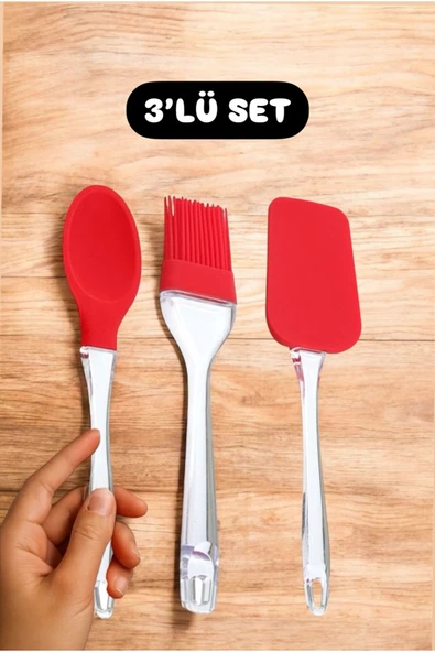 Bayev Red 3 Parça Silikon Set Kırmızı Yemek Pişirme Mutfak Seti Kaşık Yumurta Fırçası Spatula Seti ürün görseli 1