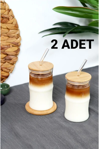 Bayev 2 Adet 330 Ml Bambu Kapaklı Cam Pipetli Pinterest Bardak - Borosilikat Kahve Sunum Bardağı 401307 ürün görseli 1