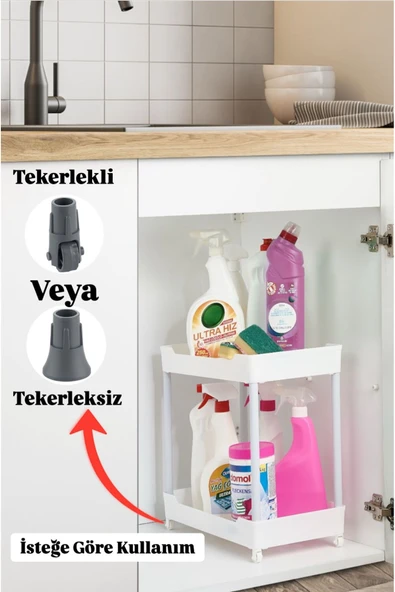Bayev Class Beyaz 2 Katlı Lavabo Altı Düzenleyici Tekerlekli Deterjan Banyo Düzenleyici Raf Ünitesi ürün görseli 1