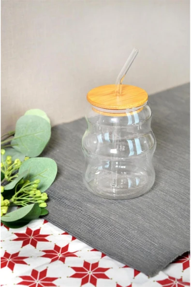Bayev 450 Ml Bambu Kapaklı Cam Pipetli Pinterest Bardak - Borosilikat Kahve Sunum Bardağı 401305 ürün görseli 1