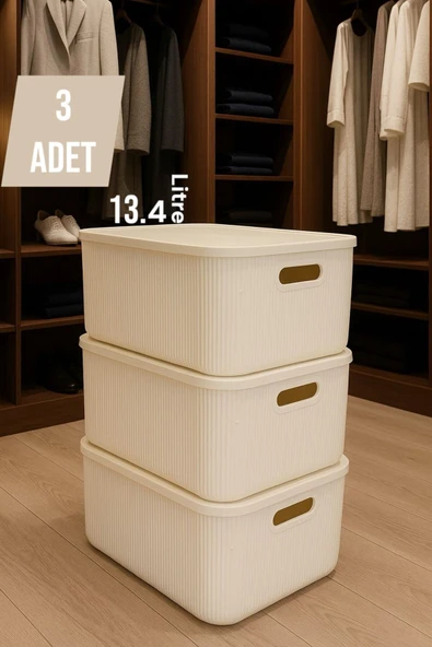 Bayev 3 Adet Colors Krem 13 Lt Dolap İçi Düzenleyici Organizer Hobi Oyuncak Kutusu Kapaklı Saklama Kutusu ürün görseli 1