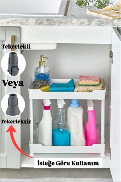 Bayev Clasy Beyaz 2 Katlı Lavabo Altı Düzenleyici Tekerlekli Mutfak Banyo Düzenleyici Raf Ünitesi ürün görseli 1