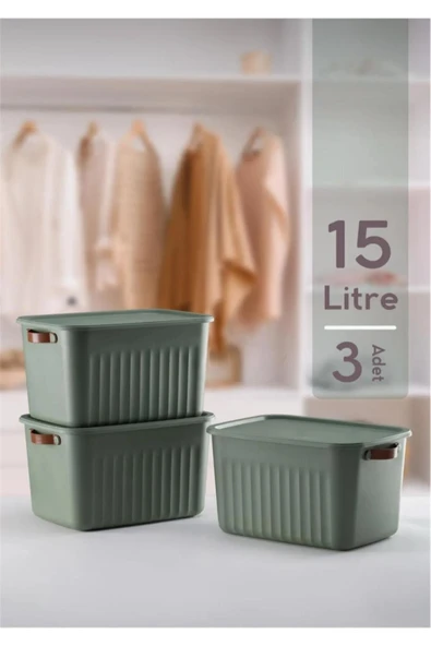 Bayev 3'lü Yeşil 15 Lt Boxsis Set Çok Amaçlı Kapaklı Kutu Dolap Içi Düzenleyici Organizer - Hobi Kutusu ürün görseli 1