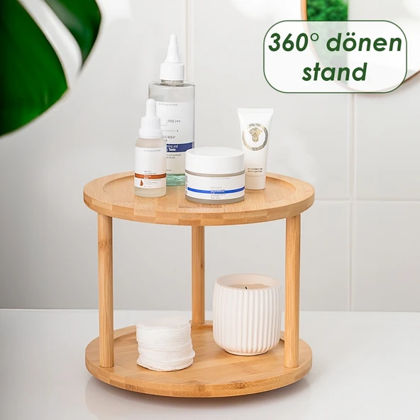 Porsima 76073 Bambu Döner Standlı Sunumluk Makyaj Organizeri Ahşap 2 Katlı Düzenleyici Baharatlık Standı ürün görseli 1