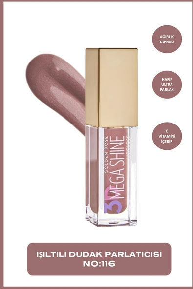GOLDEN ROSE 3d Mega Shine Lipgloss No: 116 Shimmer - Sedefli Dudak Parlatıcısı - 8691190494773 ürün görseli 1