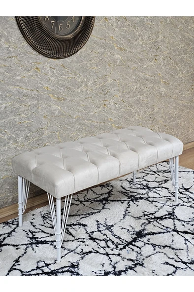 Beyaz Boyalı Tel Ayaklı 90 cm Puf Bench - Puf - Bench - Kasalı Oturak - Oturak - Yatak Ucu Puf Krem Renk 90 x 41 Boyut/Ebat ürün görseli 1