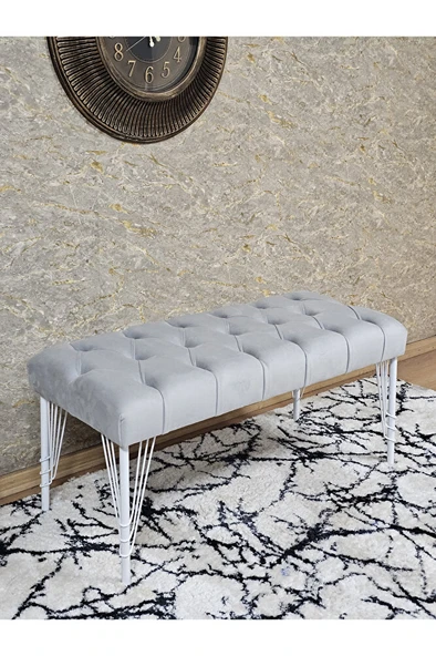 Beyaz Boyalı Tel Ayaklı 90 cm Puf Bench - Puf - Bench - Kasalı Oturak - Oturak - Yatak Ucu Puf Gri Renk 90 x 41 Boyut/Ebat ürün görseli 1